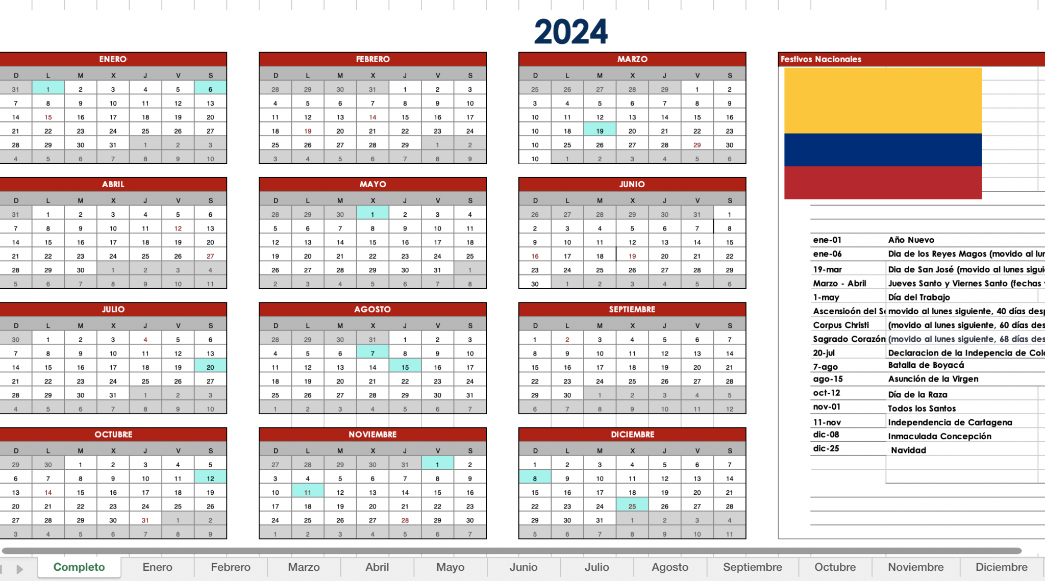 📆 Calendario 2024 Colombia 🇨🇴 con Festivos Descárgalo ya