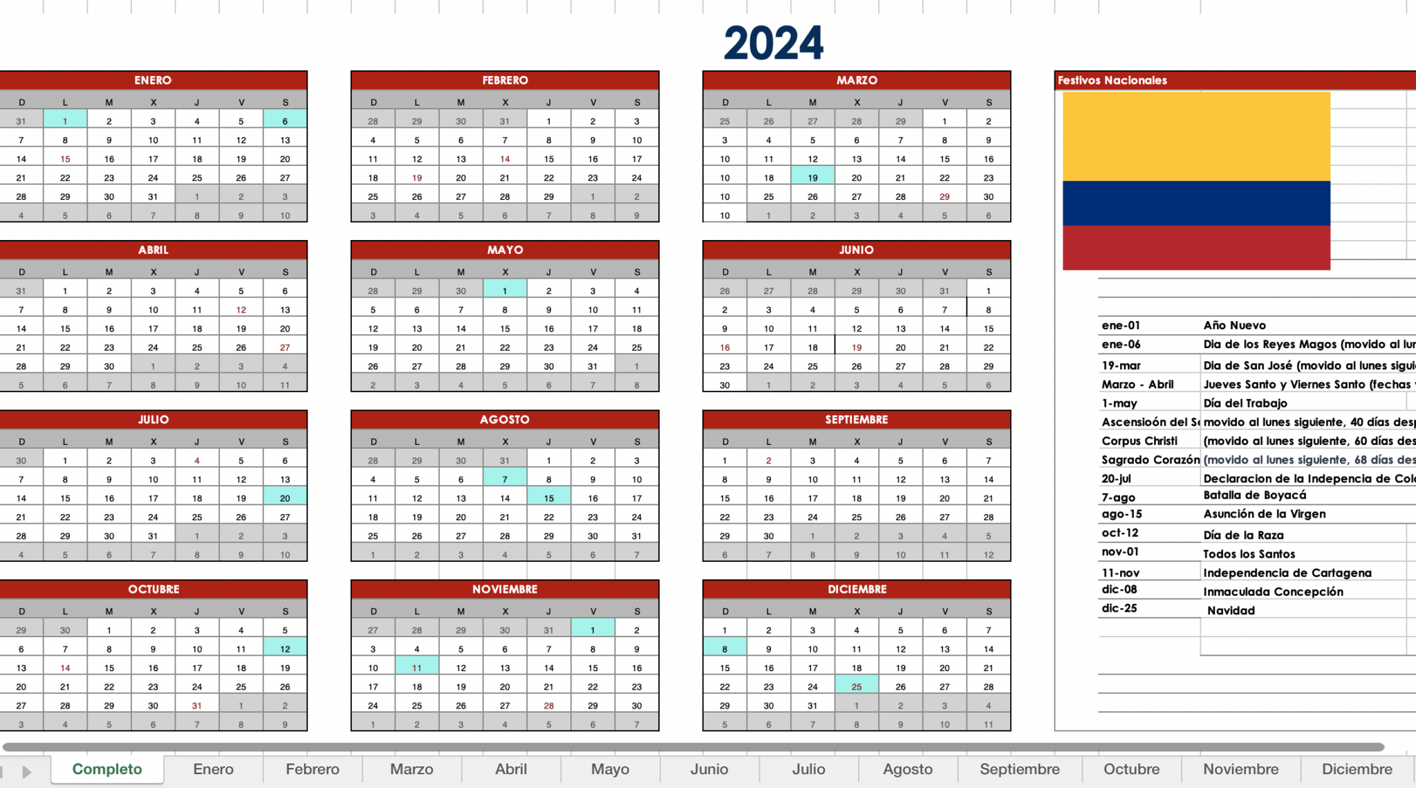 Calendario 2024 Con Festivos Colombia Excel Moyna Rebeca