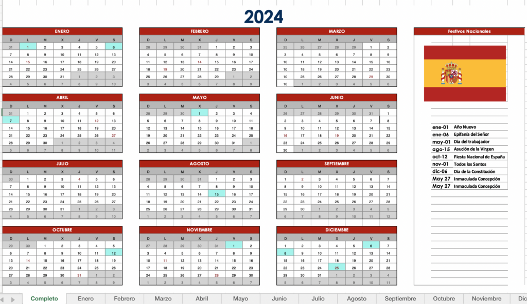 Plantilla excel calendario 2024 España