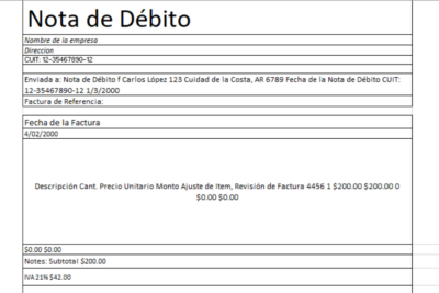 Plantilla excel: Nota de débito